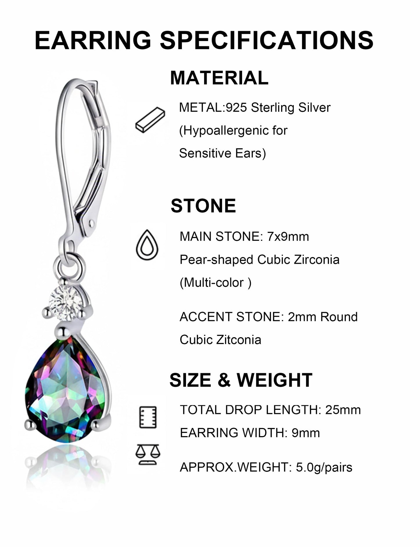 925 Sterling Silver Earrings for Sensitive Ears Women, 7x9mm Pear Shaped Rainbow CZ Dangle Drop Earring Wedding Engagement, Daily Hypoalergenic Jewelry Gift for Mother's Day