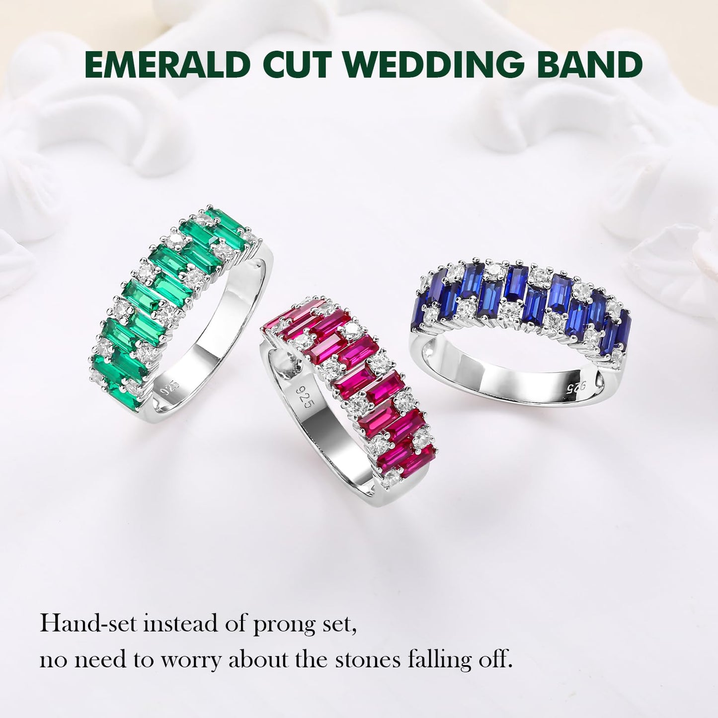 RANDES Sapphire Rings for Women Men Emerald Cut Eternity Band 925 Sterling Silver Band Blue Stone September Birthstone Ring Size 9