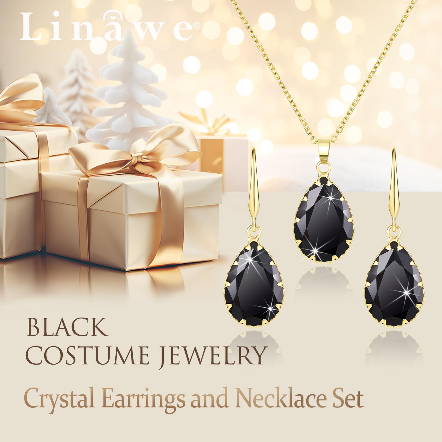 Linawe Gothic Black Jewelry Sets for Women, Crystal Necklace Set Gold Earring Set Pendant Drop Earrings Imitation Diamond Boho Rhinestone Wedding Jewelry Cubic Zirconia Birthstone
