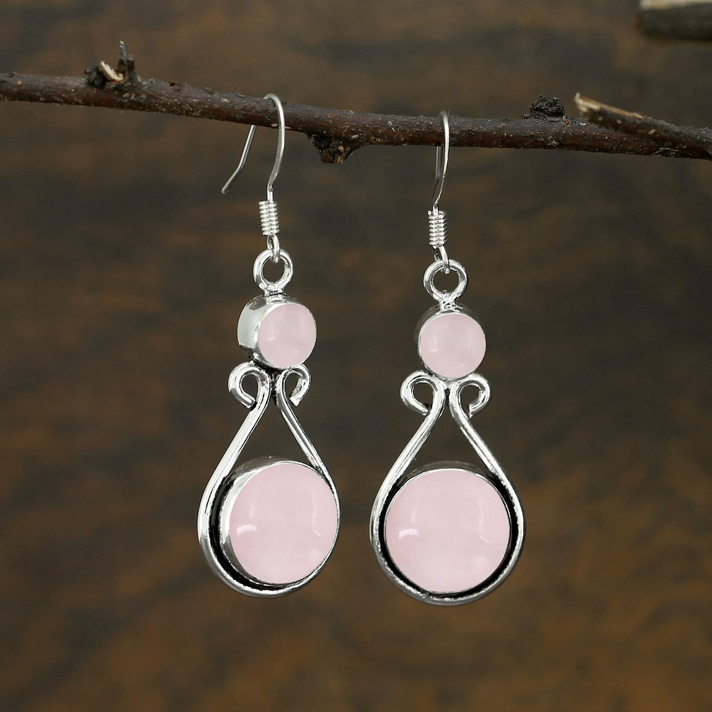Natural Rose Quartz Silver Plated Dangle Earrings for Women - Januray Birthstone Round Gemstones Drop Earrings Handmade Jewelry - Valentine's Day Gift for Her