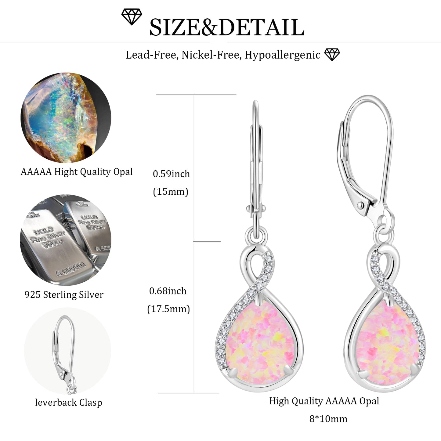 FYNSBLE Pink Opal Earrings for Women Sterling Silver Infinity Opal Dangle Drop Leverback Earrings Hypoallergenic Jewelry for Women
