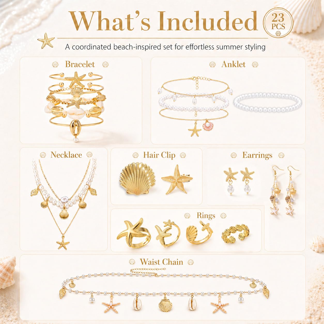 Womylufy 23 Pcs Pearl Mermaid Beach Jewelry for Women, Seashell Starfish Layered Necklace Earrings Bracelets Rings Anklets Waist Chain Hair Clips Set, Summer Vacation Boho Accessories