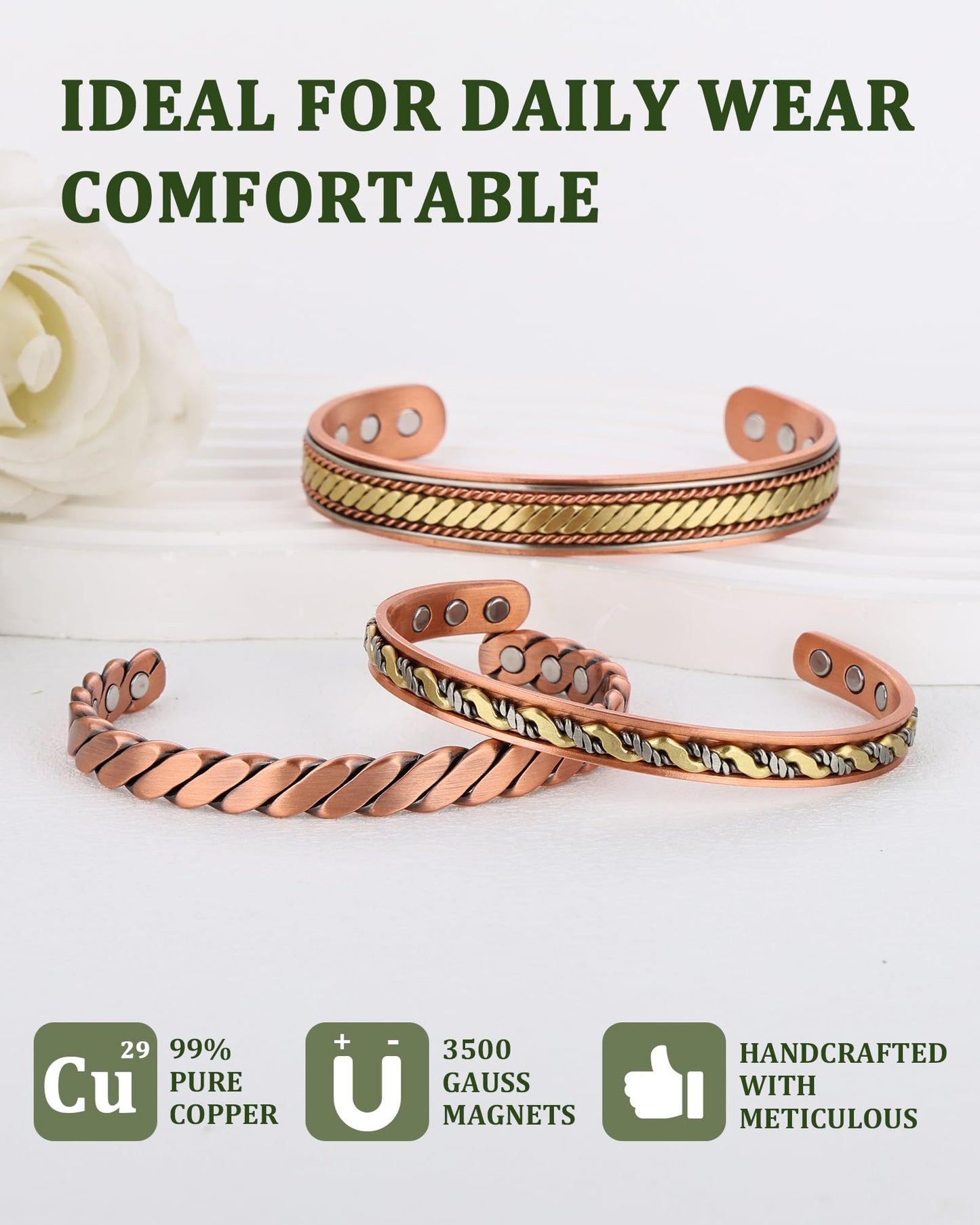 MagEnergy Copper Bracelets for Women Men, Set of 3 Pcs, Magnetic Therapy, Handmade 99% Copper Cuff Bracelet, Jewelry Gift Box
