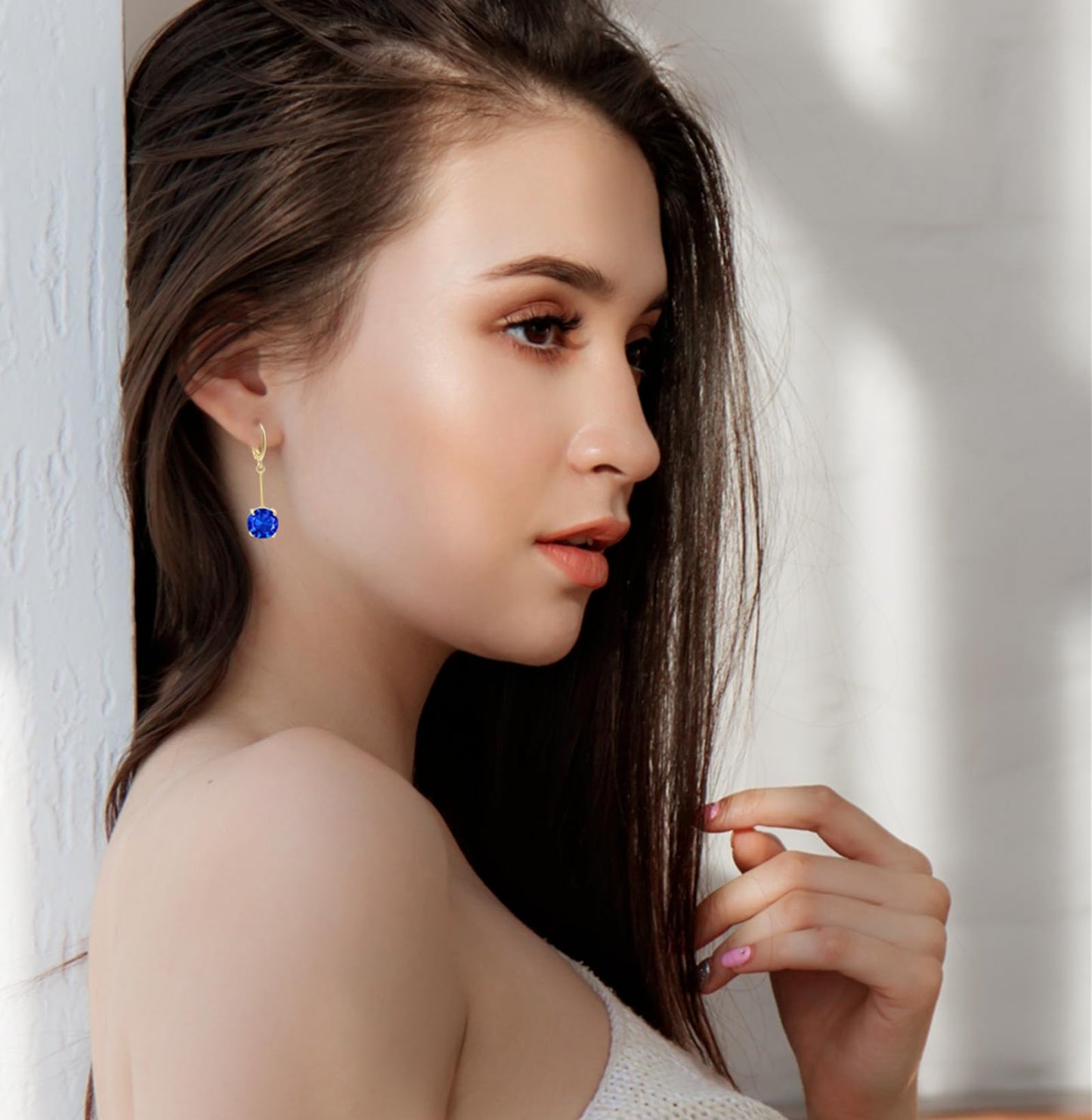 VONSSY Gemstone Drop Dangle Earrings | Platinum/Gold Plated Leverback Crystal Cubic Zirconia Hanging Red/Pink/Blue Earrings (Sapphire Blue-Gold)
