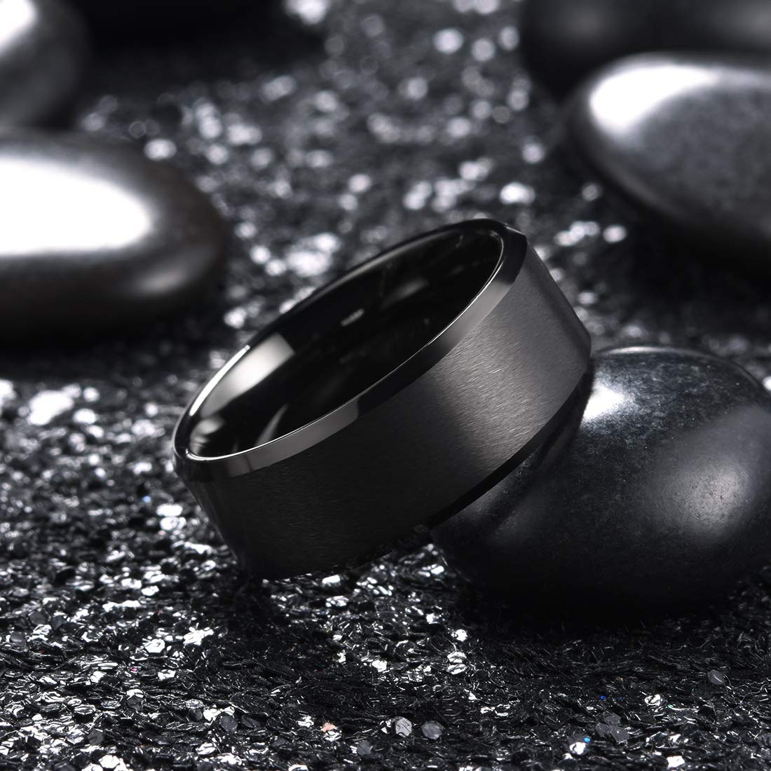 King Will 9mm Men's Black Wedding Ring - Brushed Matte Surface, Beveled Polished Edge, Comfort Fit Size 15