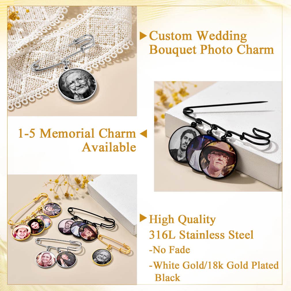 Custom4U Wedding Boutonniere Round Bouquet Charm Pin Customized Photo Charm for Mother of The Bride Groom Women Men