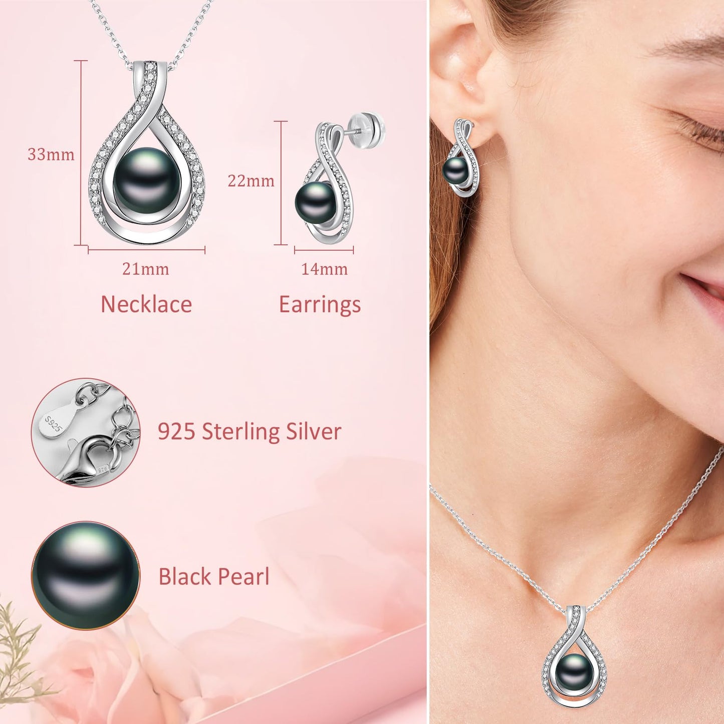 LOIPURI Infinity Black Pearl Necklace and Earrings Set for Women Gifts for Mom Birthday Mothers Day AAA+Handpicked Pearl White Gold Plated Adjustable Jewelry