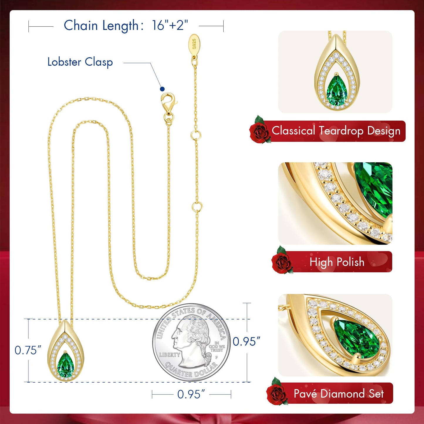 Kstyle 14k Gold Lab-Grown Emerald Pendant Necklaces for Women Valentine's Day Birthday Gift Anniversary Jewelry for Wife Daughter Grandma Mom Sister Non Tarnish