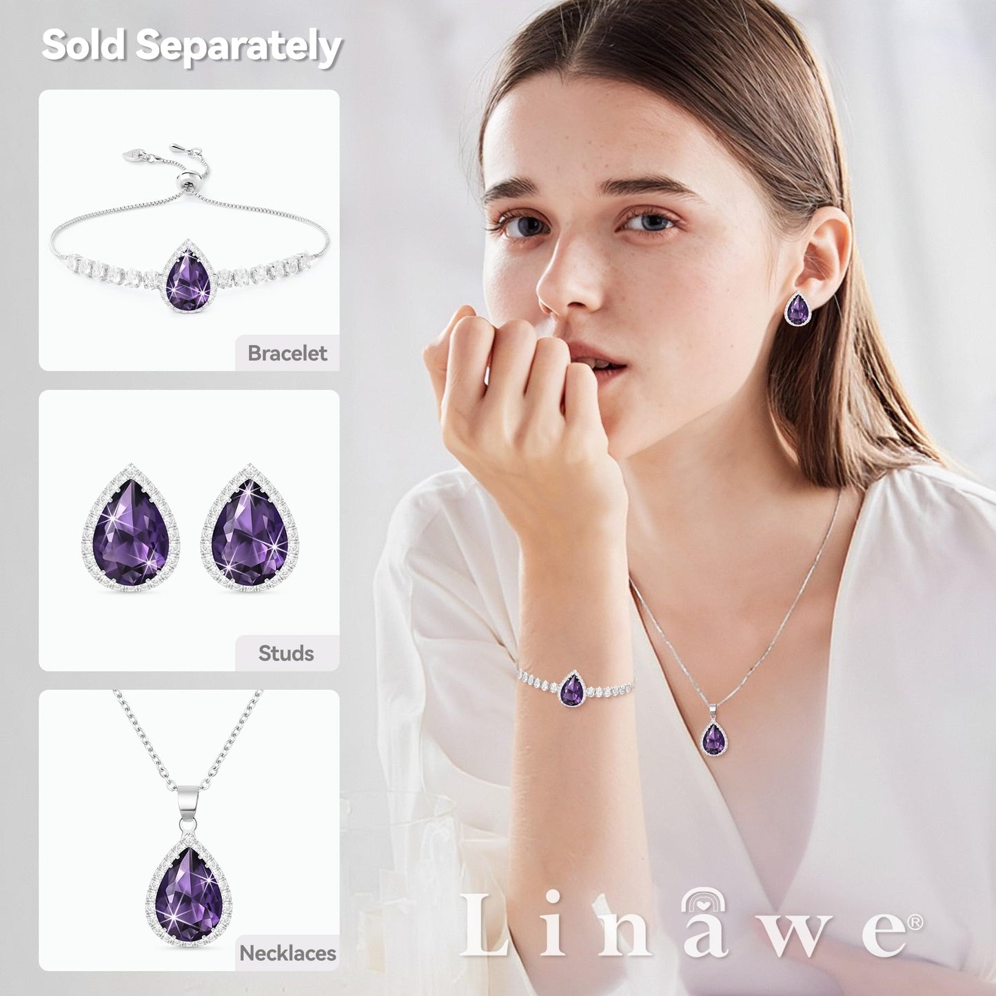 Linawe Amethyst Crystal Silver Chain Necklace for Women Trendy, Purple Imitation Diamond Cubic Zirconia Rhinestone Birthstone Pendant Teardrop Necklace, Moissanite Boho Jewelry