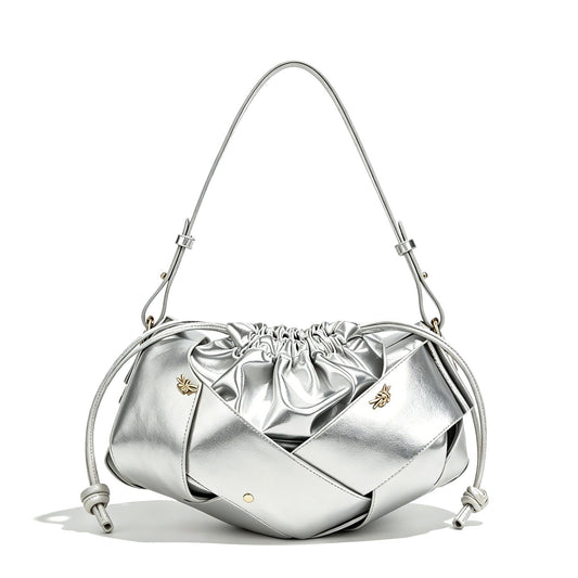 Ophlid Gold Drawstring Bag for Women Evening Bucket Purse Woven Pu Leather Hobo Handbag Cloud Clutch Purse Silver