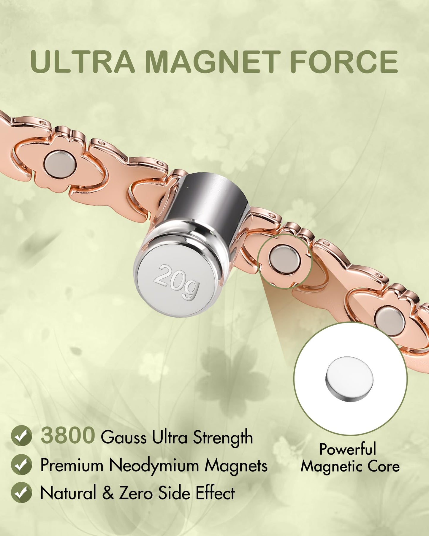 Feraco Pure Copper Bracelets for Women, Ultra Strength Magnetic Bracelet for Women with 3800 Gauss Magnet, Adjustable Flower Real Copper Jewelry Gift with Infinite Rose-Engraved (Rose Gold)
