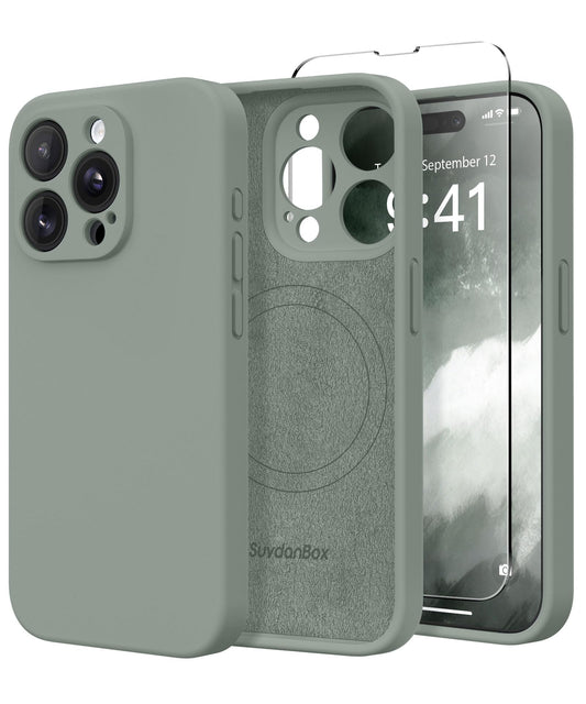 SuydanBox Magnetic for iPhone 15 Pro Max Case, Compatible with MagSafe, [Full Camera Protection][Screen Protector] Silicone Shockproof Protective Phone Case for iPhone 15 Pro Max 6.7", Calke Green