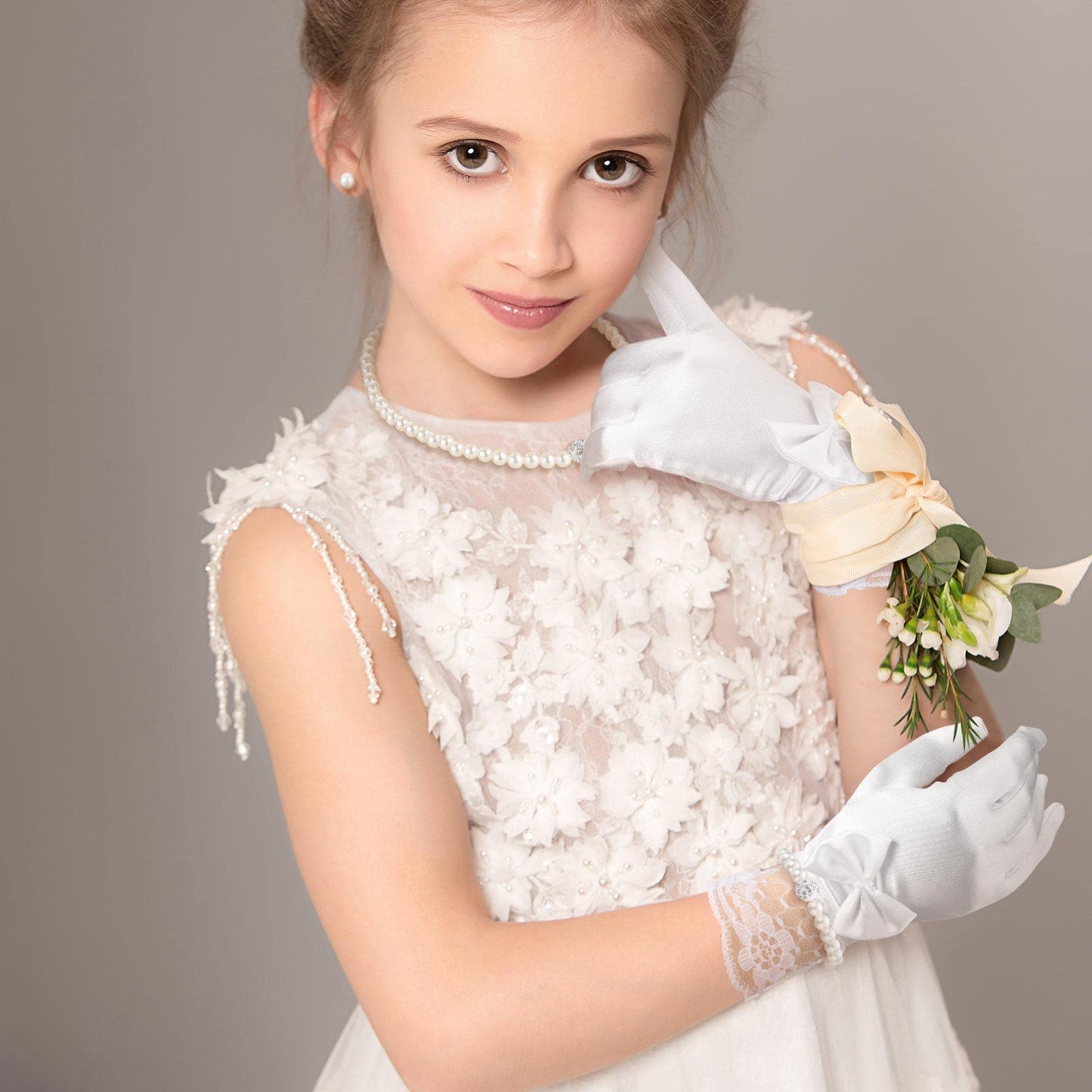 Geyoga 4 Pcs Pearl Necklace Set for Little Girls Toddler Girls Jewelry Communion Gloves for Kids Christmas Tea Party Wedding(Elegant Style,8-12 Years)