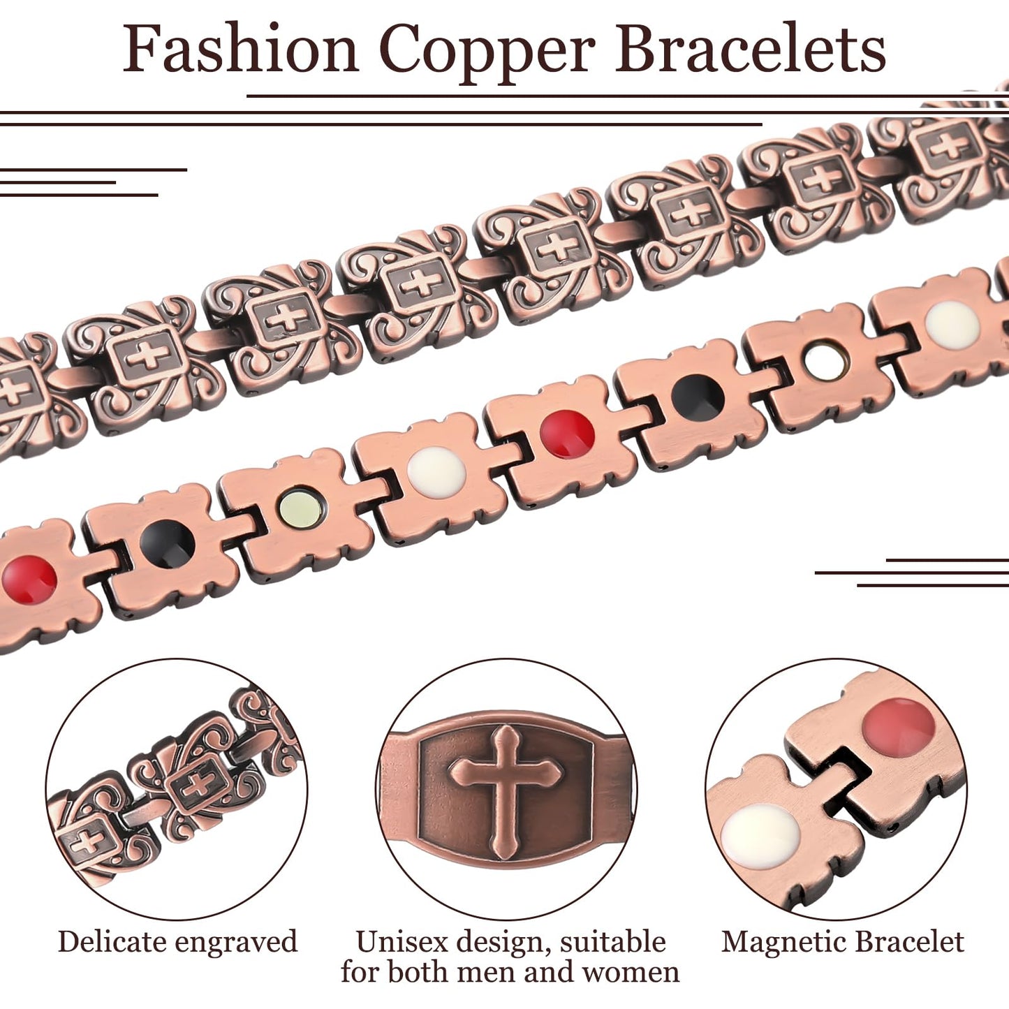 Misdary 3 Pcs Copper Magnetic Bracelets for Women Ultra Strength Magnetic Bracelet with Magnets Natural Stones Adjustable Jewelry Gift (Cross)