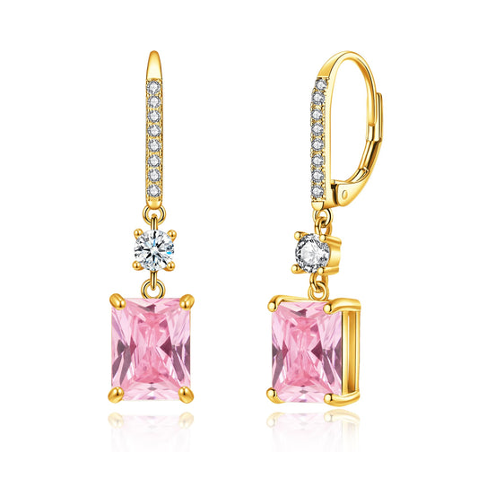 CiNily Leverback Earrings for Women Rectangular-cut Drop Dangle Earring Hypoallergenic, 14K Gold Plated Pink Cubic Zircon Earrings Diamond Dangle Ear Rings Jewelry Birthday