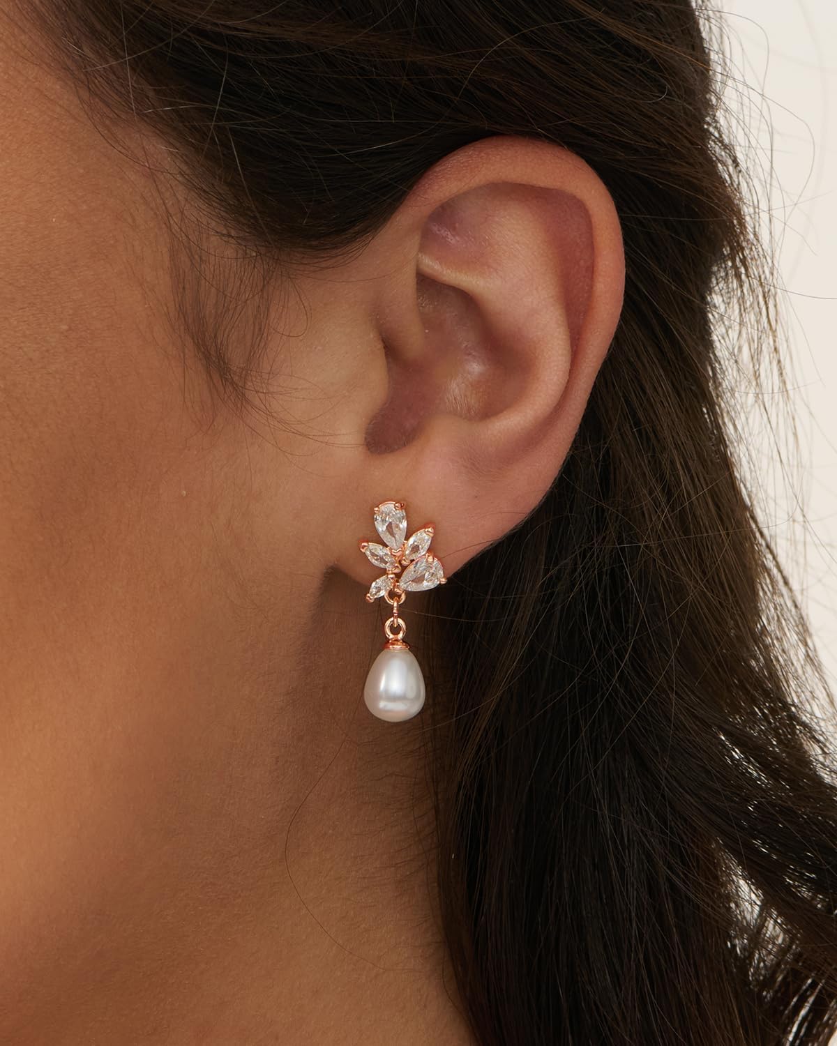 PRTGL Pearl Earrings: 14k Rose Gold Plated Cubic Zirconia Accented Teardrop Pearl Drop Wedding Engagement Earrings For Women Bridal Bridesmaid (Leaf Designed)