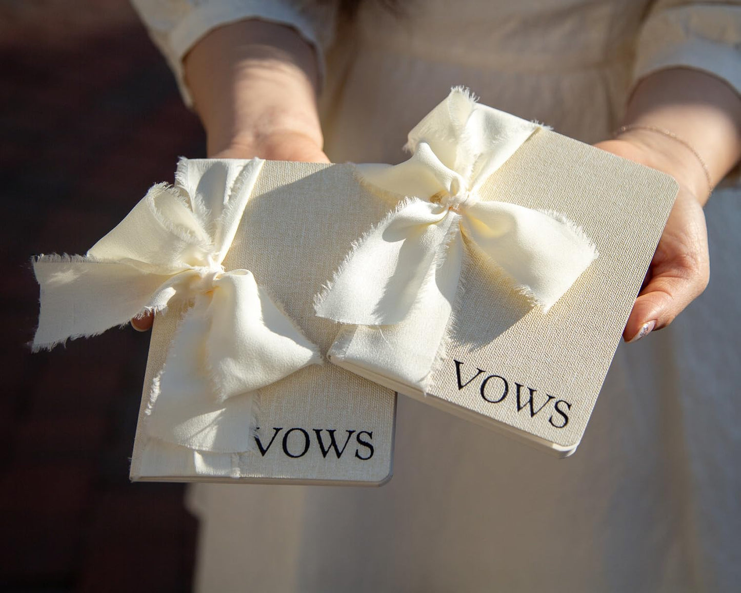 Modern Album Designs Cream Embossed Slim Vow Books w/Ribbon (Set of 2) - 5.625 x 4 Minimalist Pocket Sized Wedding Ceremony Vow Renewal Speech Notebook Journal