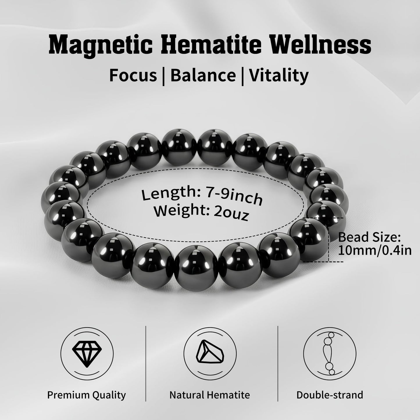 PEALICIOUS Hematite Bracelet for Men, 10MM Magnetic Bracelet with Natural Hematite Beads as Mens Anniversary Jewelry Gifts, Black Magnet Jewelry with Energy Stone for Balance Power Inspirational Gift