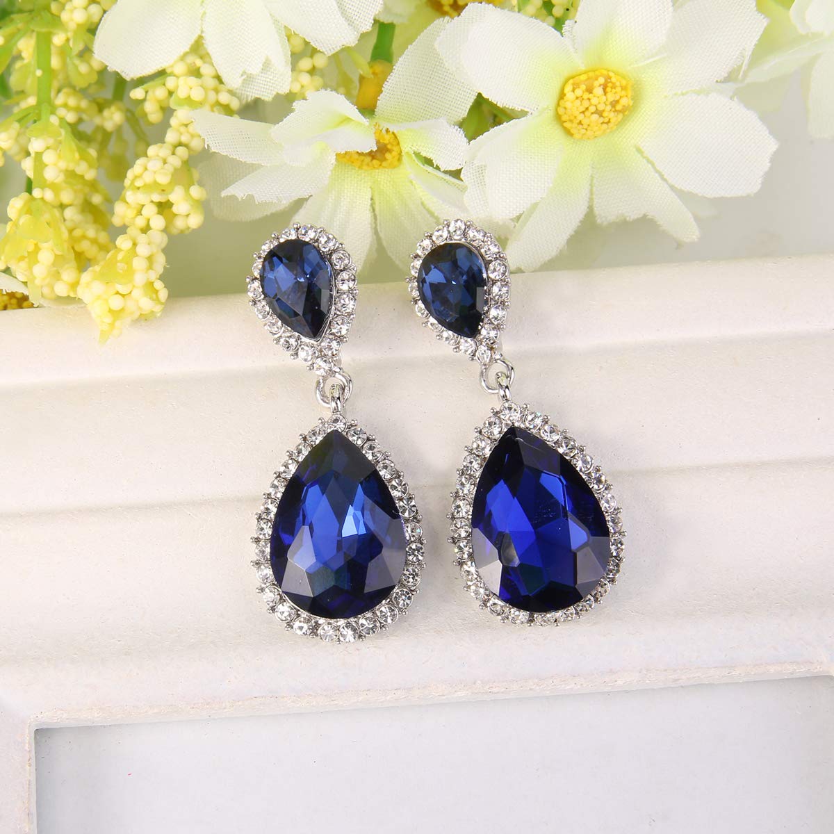 EVER FAITH Women's Austrian Crystal Wedding Tear Drop Dangle Earrings Navy Blue