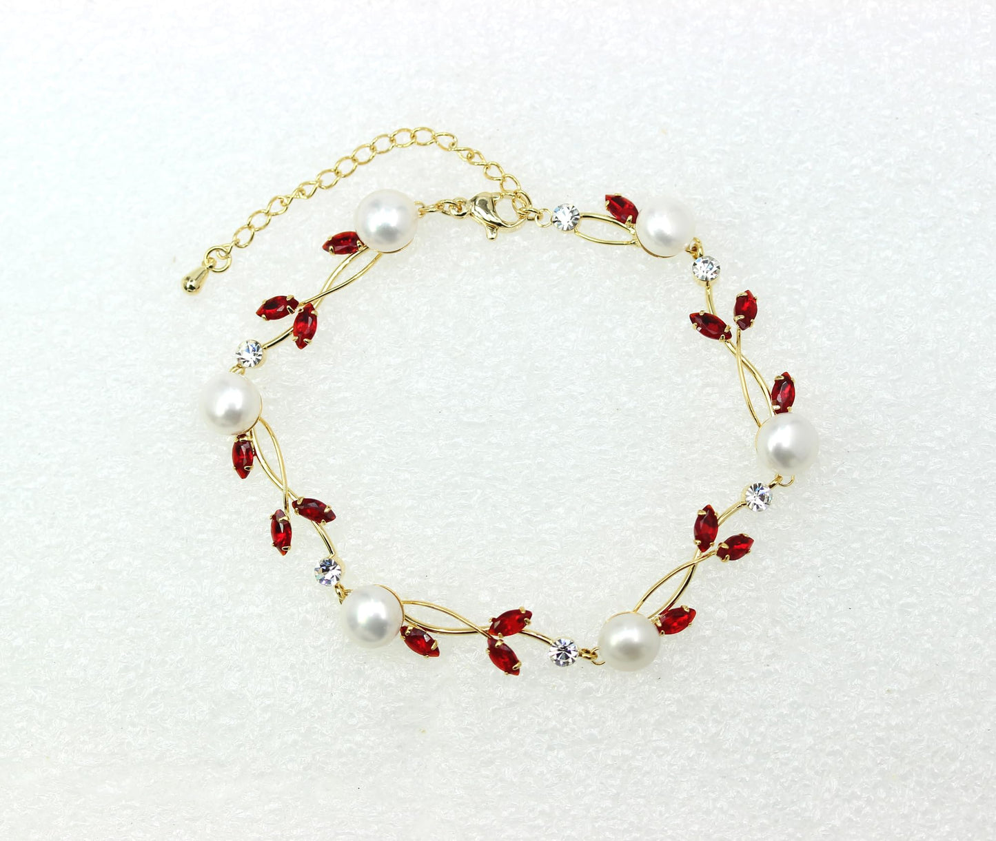 Faship Red CZ Crystal Genuine Freshwater Pearls Floral Bracelet 7.5" - 9.5" - Red/Gold Plated/Matching Bracelet
