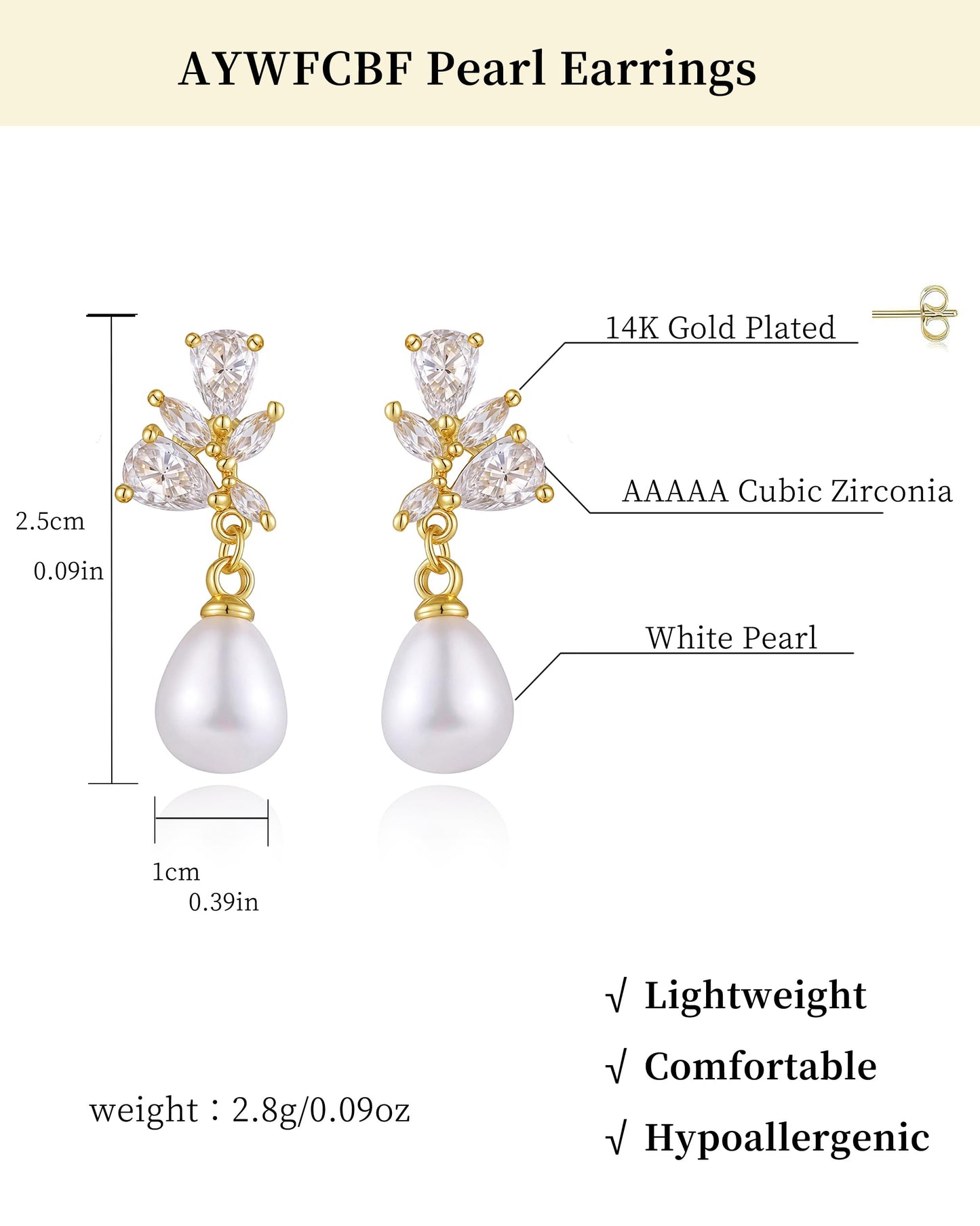 Pearl Earrings for Women, 14k Gold Plated Trendy Cubic Zirconia Pearl Drop Earrings Bridal Shower Gifts for Wedding Party