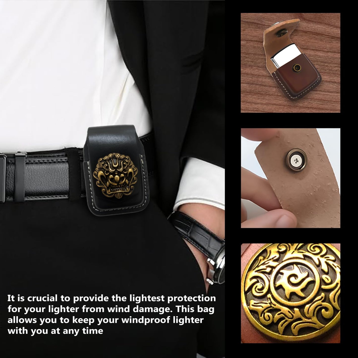 Handcrafted Leather Lighter Case, Flip Top Leather Pouch with Metal Buckle, Handmade Flip top Lighter Pouch, Holder Case with Pocket Belt Loop,Black H