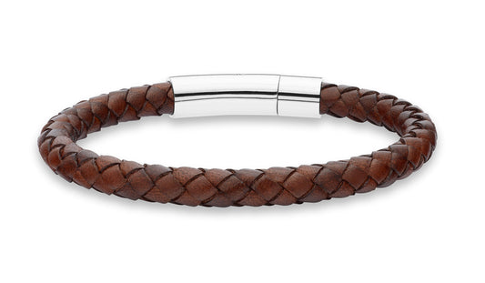 Miabella Genuine Italian Braided Leather Bracelet for Men, Stainless Steel Clasp, Made in Italy (Brown, Large - 9" Length)