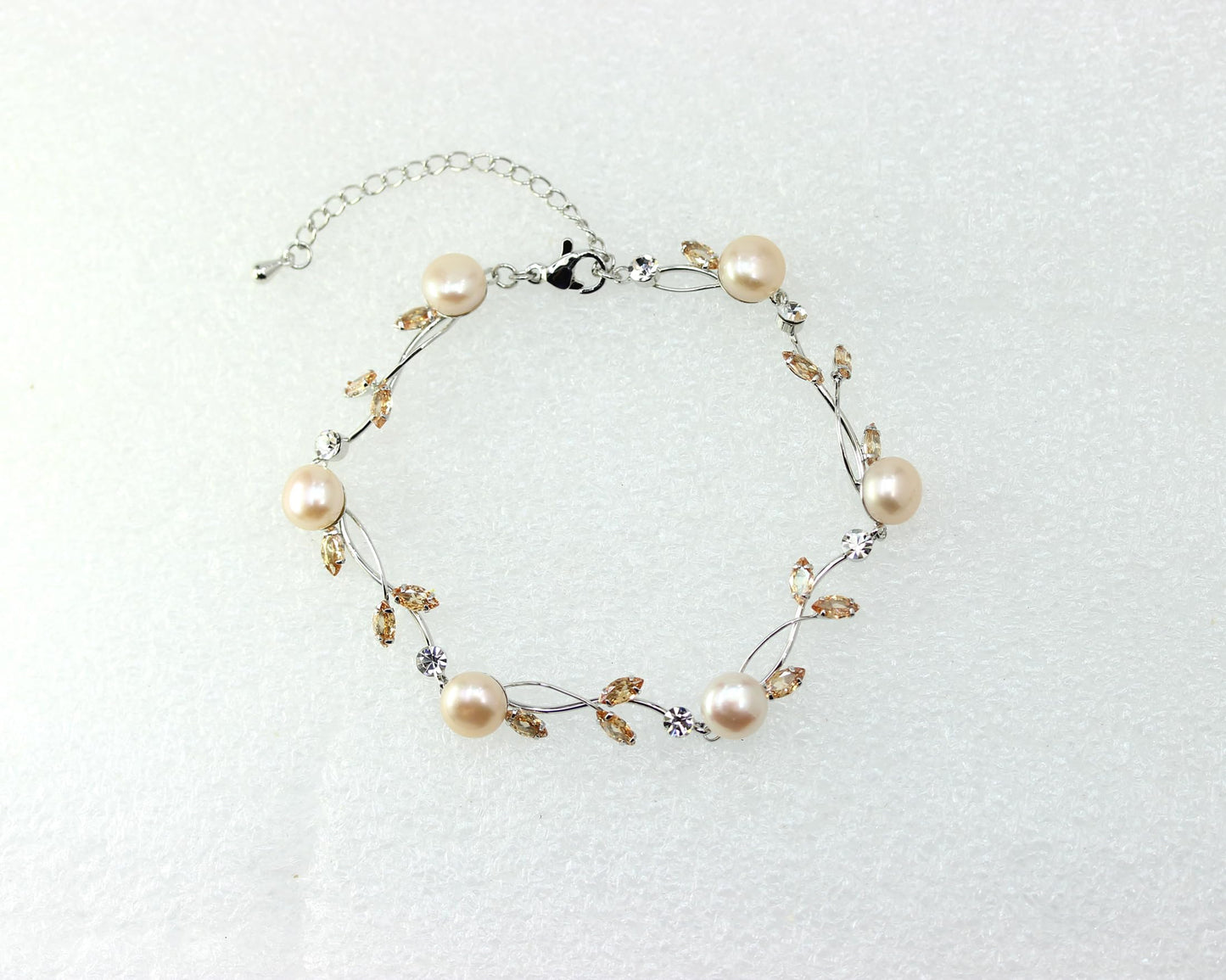 Faship Champagne CZ Crystal Genuine Freshwater Pearls Floral Bracelet 7.5" - 9.5" - Brown/Silver-Tone/Matching Bracelet