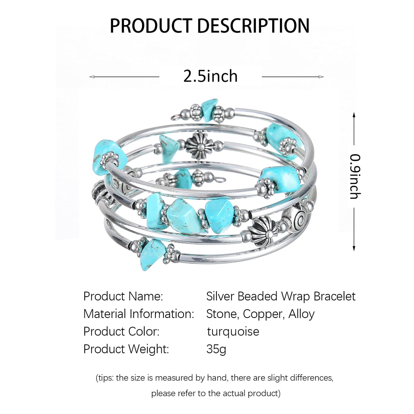 FULU AUTUMN Stone Silver Bangle Wrap Bracelet Boho Turquoise Crystal Chips Bead Bracelets Fashion Jewelry Birthday Gifts for Women(19-Turquoise)