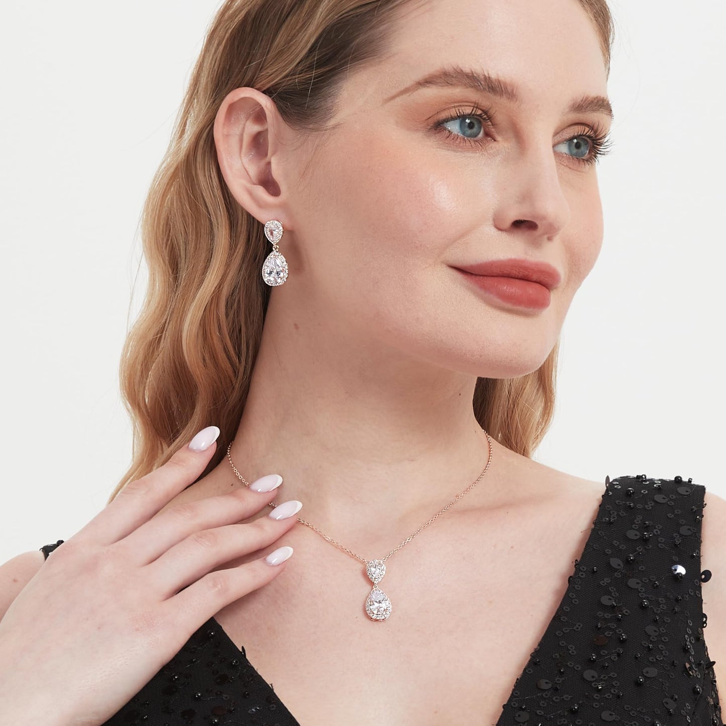 UDYLGOON Bridal Jewelry Set for Women, Cubic Zirconia Teardrop Bride Bridesmaid Necklace and Earrings Set for Wedding Prom Formal (Rose Gold Plated)