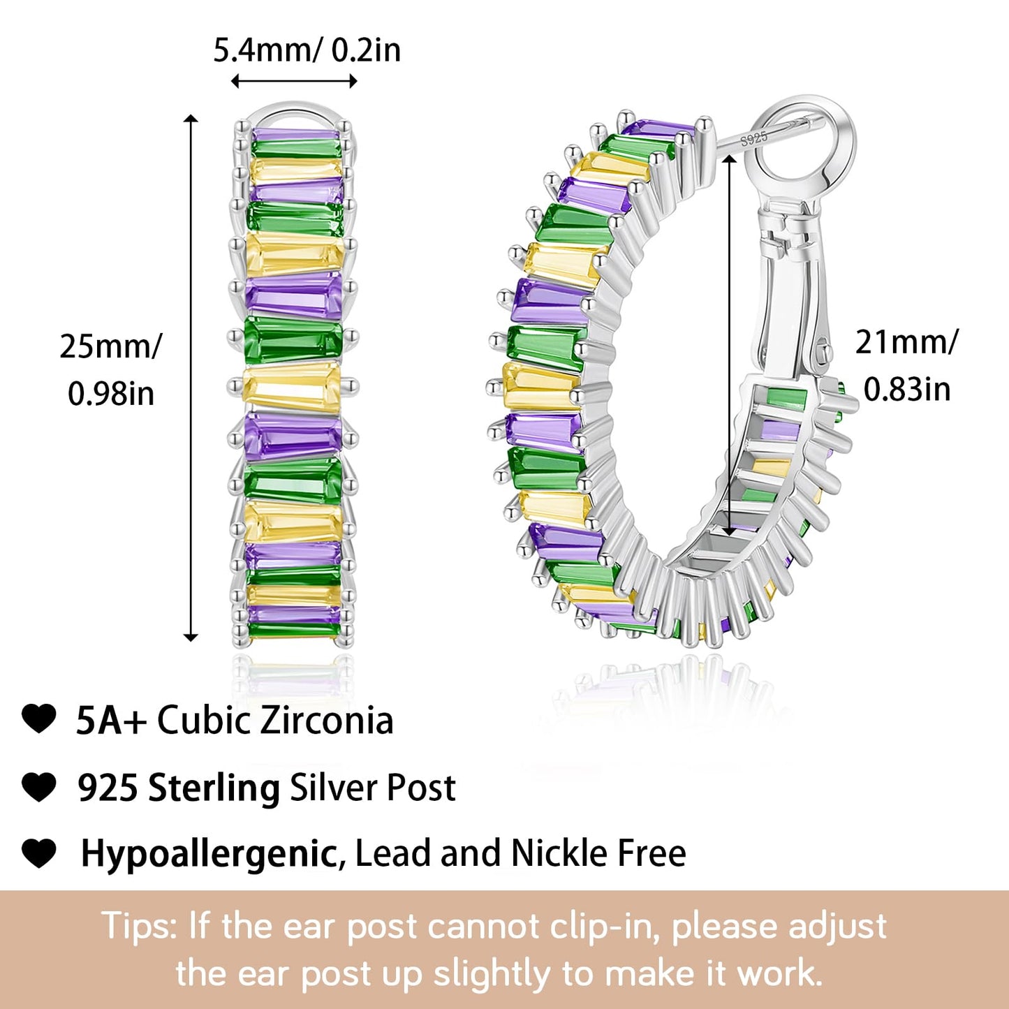 GLOQUAT Mardi Gras Earrings for Women Silver Plated Carnival Holiday Hoop Earrings Fashion Baguette Cubic Zirconia Round Circle Hoops Festive Party Jewelry Gifts Lightweight and Hypoallergenic 25mm