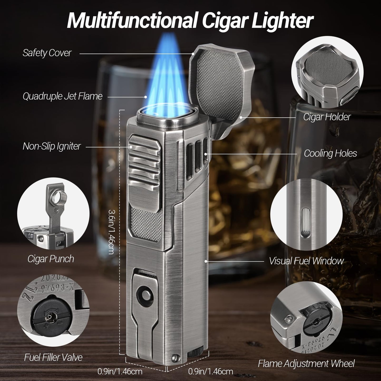 USEWIRE Cigar Travel Humidor and Cigar Lighter Set, Portable Travel Cigar Case with Humidifier, Hygrometer, Cigar Lighter, Cigar Cutter, Travel Humidor Holds 4-5 Cigars, Cigar Gift Set (Black)