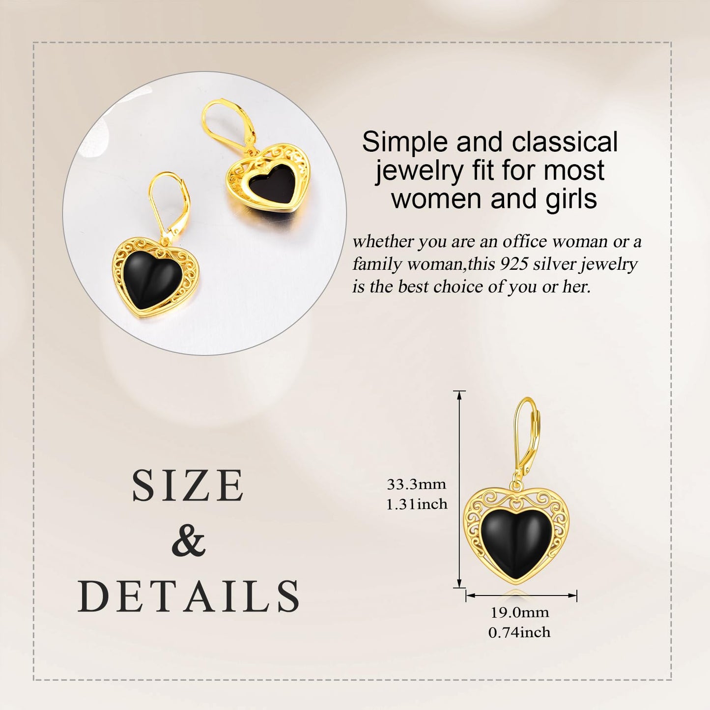 Black Onyx Drop Earrings for Women Sterling Silver 18K Yellow Gold Plated Heart Black Onyx Dangle Leverback Earrings Jewelry Gifts