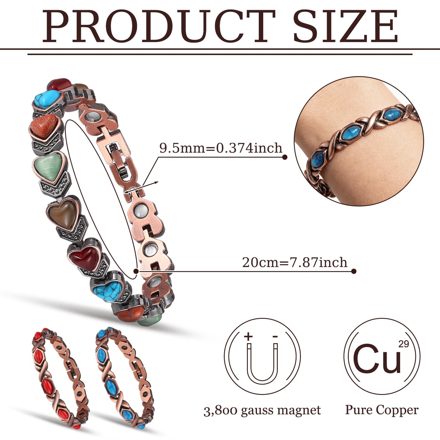 Misdary 3 Pcs Copper Magnetic Bracelets for Women Ultra Strength Magnetic Bracelet with Magnets Natural Turquoise Stones Adjustable Jewelry Gift