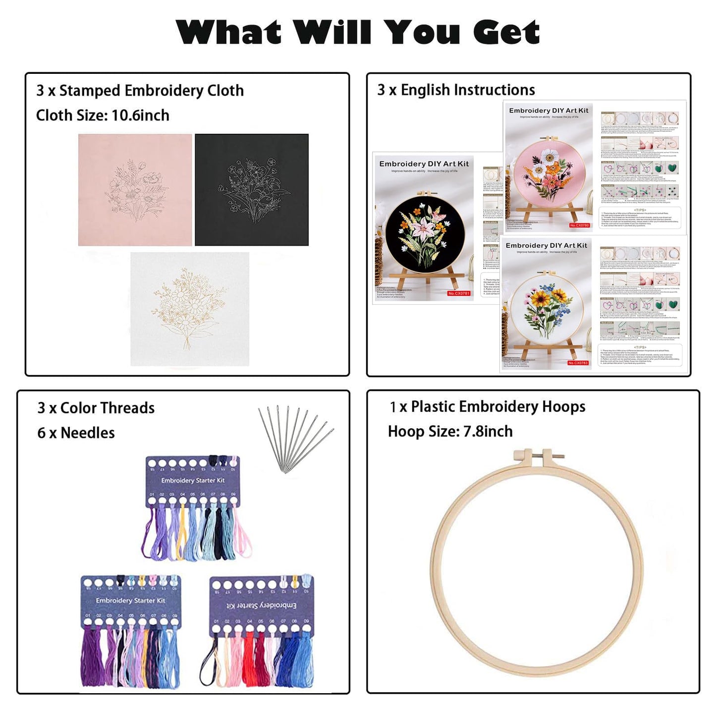 3 Set Embroidery Stitches Practice Kit, Embroidery Kit for Beginners with Embroidery Patterns, Beginner Embroidery Kit, Embroidery Kits for Adults, Hand Embroidery Kit, Embroidery Kit for Kids