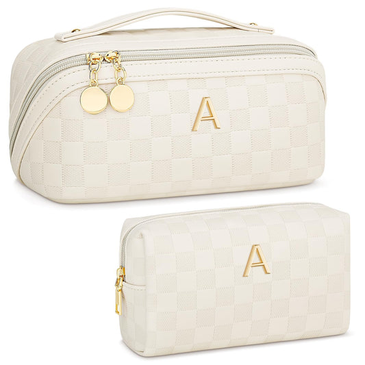 CLOUDWINGS Personalized Birthday Gifts for Women - Initial Makeup Bag Waterproof Travel Makeup Organizer with Compartments PU Leather Cosmetic Travel Toiletry Bag (CheckeredBeige,A)