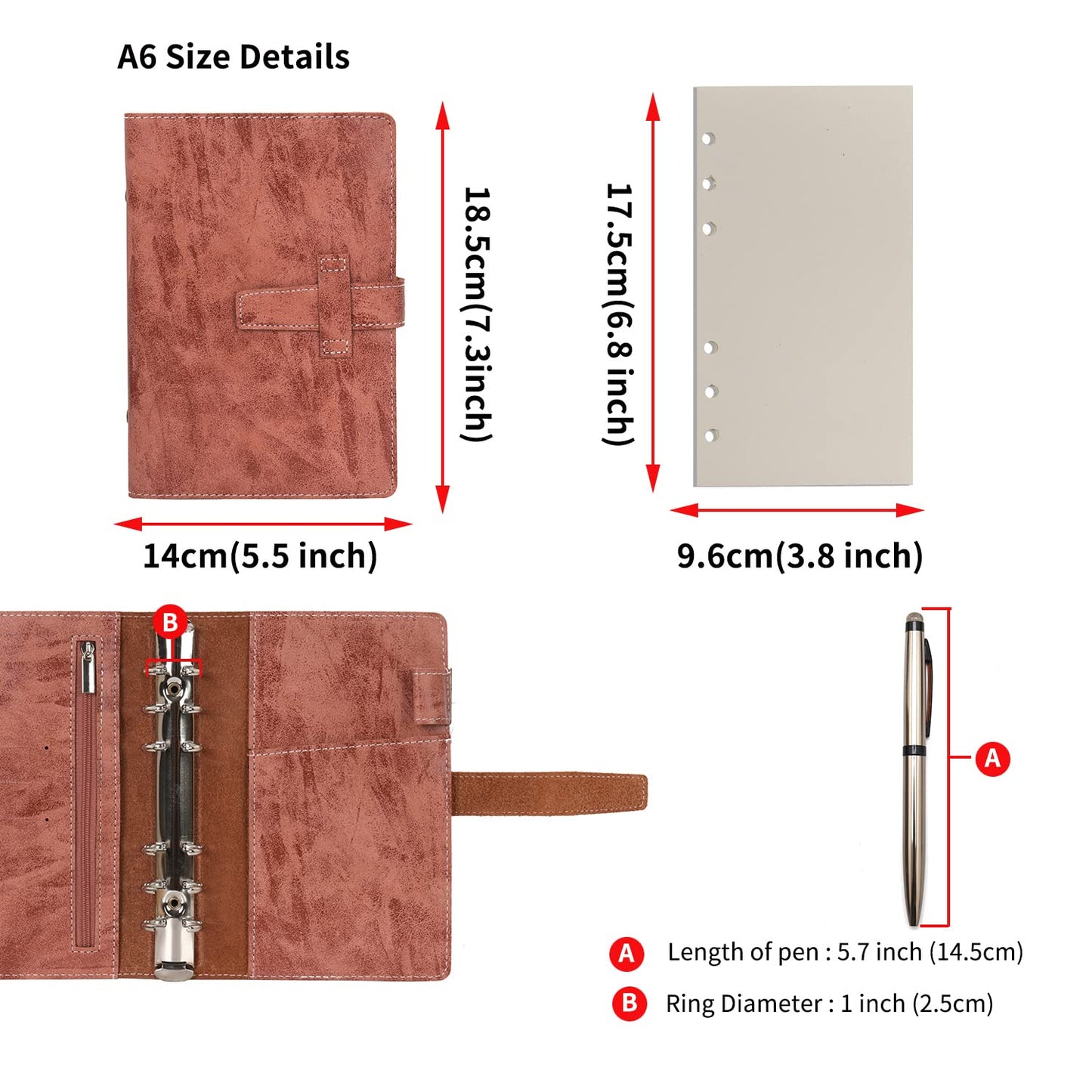Wonderpool Leather Journal Refillable Binder A6 Writing Notebook Folder Organiser with Dotted Paper & Multi Pockets Cover for Business School Travel (A6, Brown)