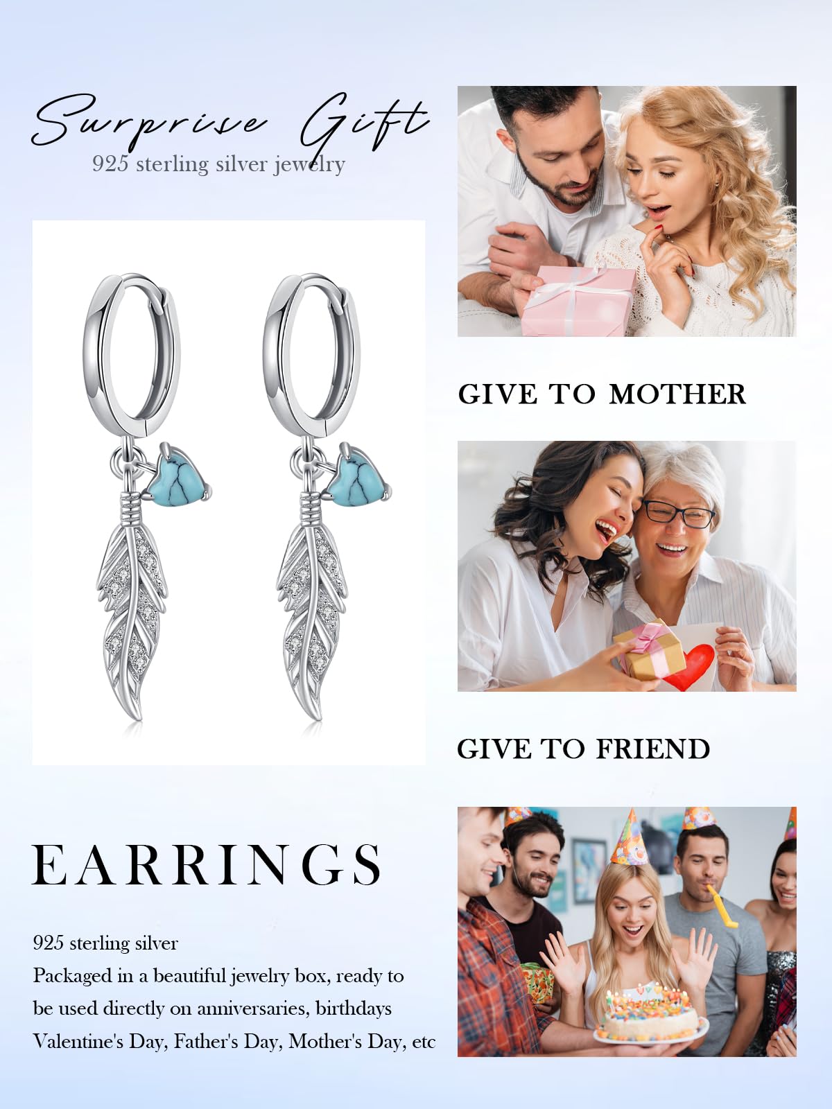 Turquoise Earrings 925 Sterling Silver Feather Dangle Earrings Native American Jewelry Western Vintage Gifts for Women