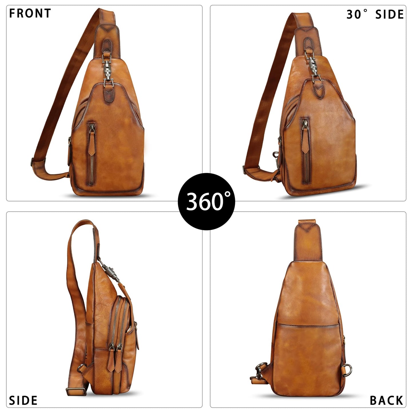 FEIGITOR Genuine Leather Sling Bag Retro Crossbody Sling Backpack Handmade Chest Shoulder Bag Daypack Purse Fanny Pack (Brown)