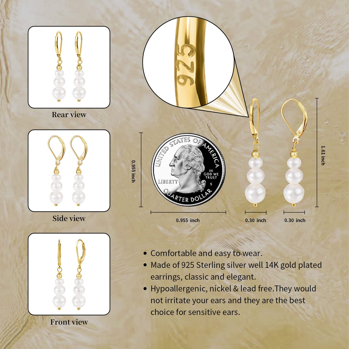 Freshwater Pearl Drop Earrings for Women – 4–8mm Dangle Leverback Earrings in 14K Gold Plated Sterling Silver – Classic Bridal Wedding Jewelry Gift