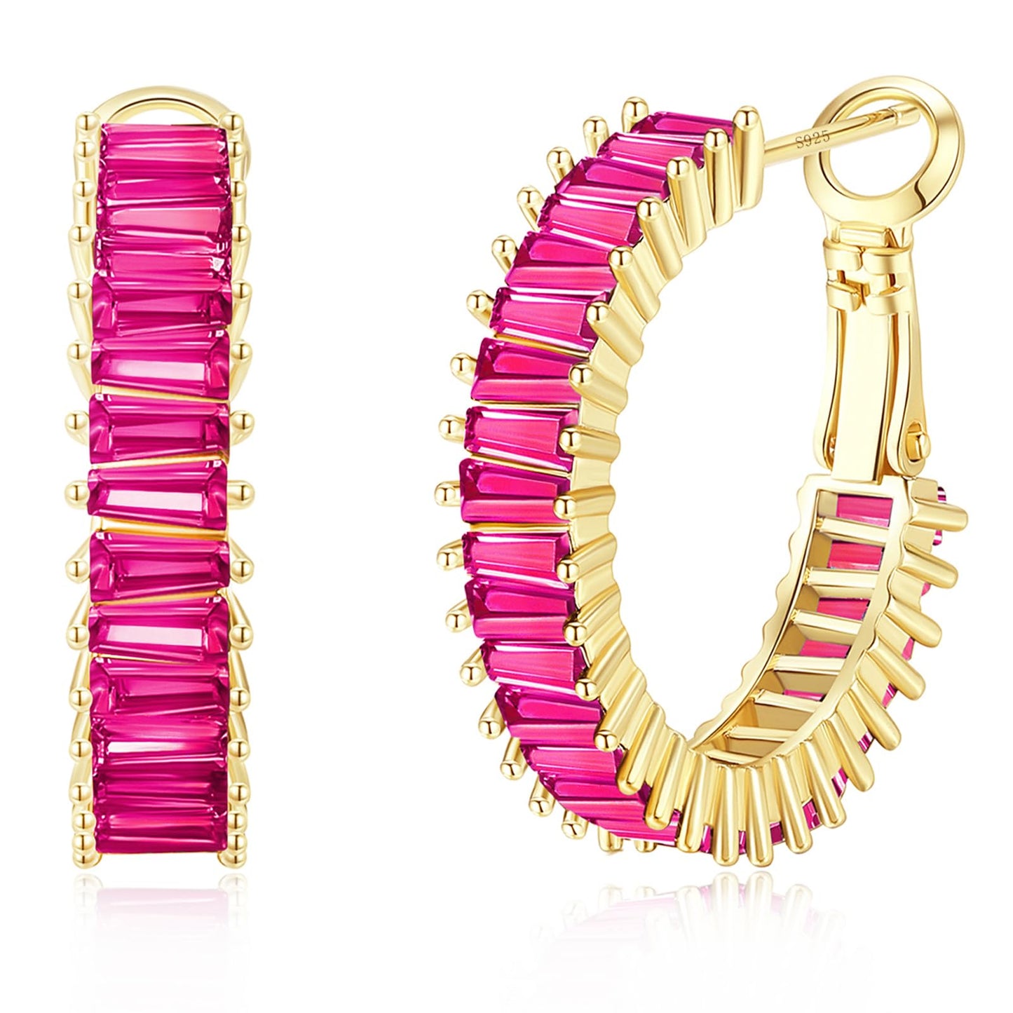 GLOQUAT Gold Pink Earrings Fuchsia Hoops for Women 14K Gold Plated Hot Pink Hoops Fuchsia Cubic Zirconia Baguette Hoop Earrings Fashion Hot Pink Crystal Earring for Women Neon Pink Rhinestone Jewelry