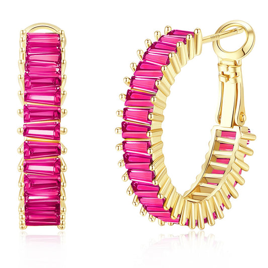 GLOQUAT Gold Pink Earrings Fuchsia Hoops for Women 14K Gold Plated Hot Pink Hoops Fuchsia Cubic Zirconia Baguette Hoop Earrings Fashion Hot Pink Crystal Earring for Women Neon Pink Rhinestone Jewelry