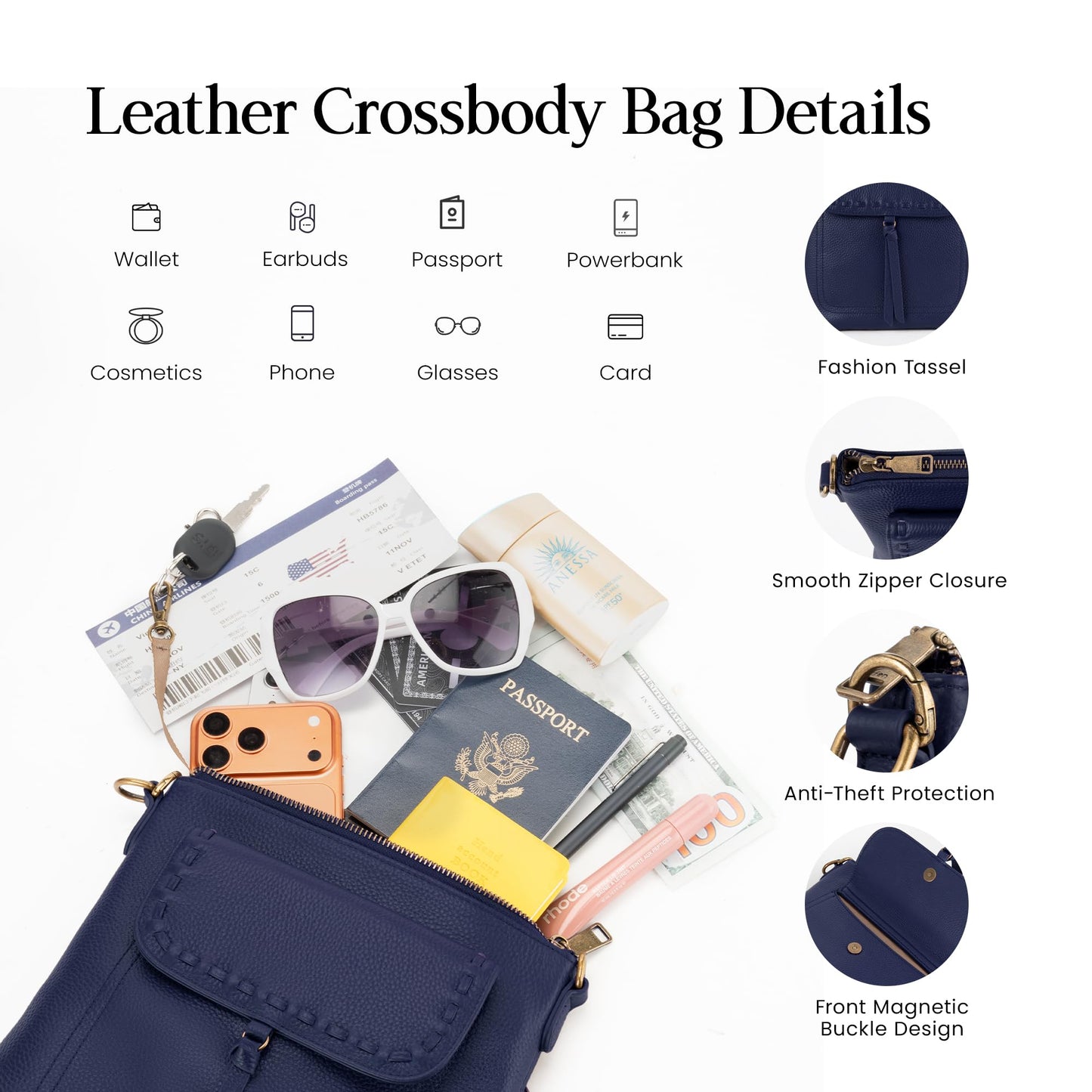 befen Navy Blue Genuine Leather Crossbody Purse for Women, Small Crossbody Bag with RFID Card Slots, Anti Theft Multi Pocket Shoulder Bag for Travel Daily Use