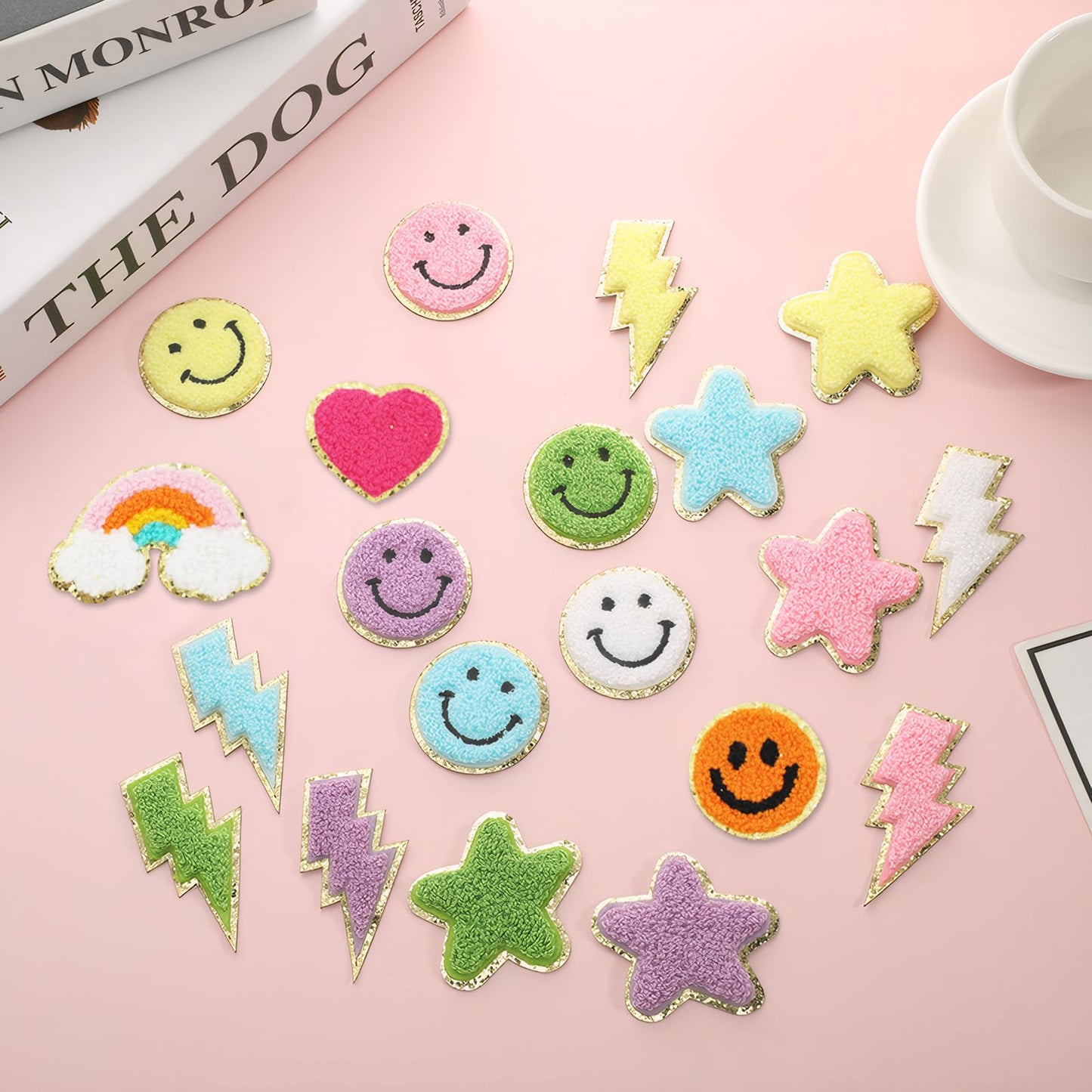 60 Pcs Self Adhesive Chenille Patches, Cute Stick on Colorful Heart Lightning Rainbow Sticker Patches for Clothing Fabric Backpacks Hat