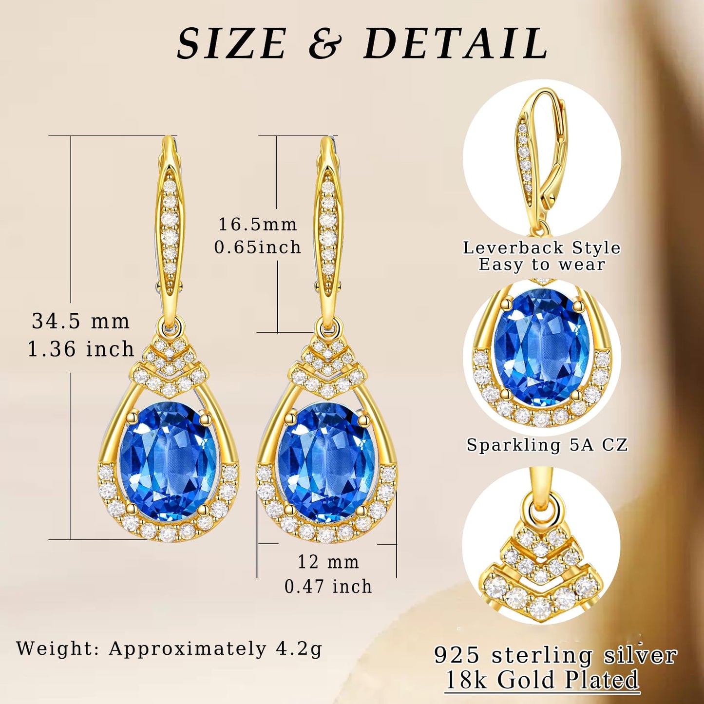 Blue Topaz Dangle Earrings for Women 18K G Plated Sterling Silver December Birthstone Teardrop Leverback Drop Earring for Mom Lady Wedding Jewelry Gifts for the Bride BirthdayDay Gifts