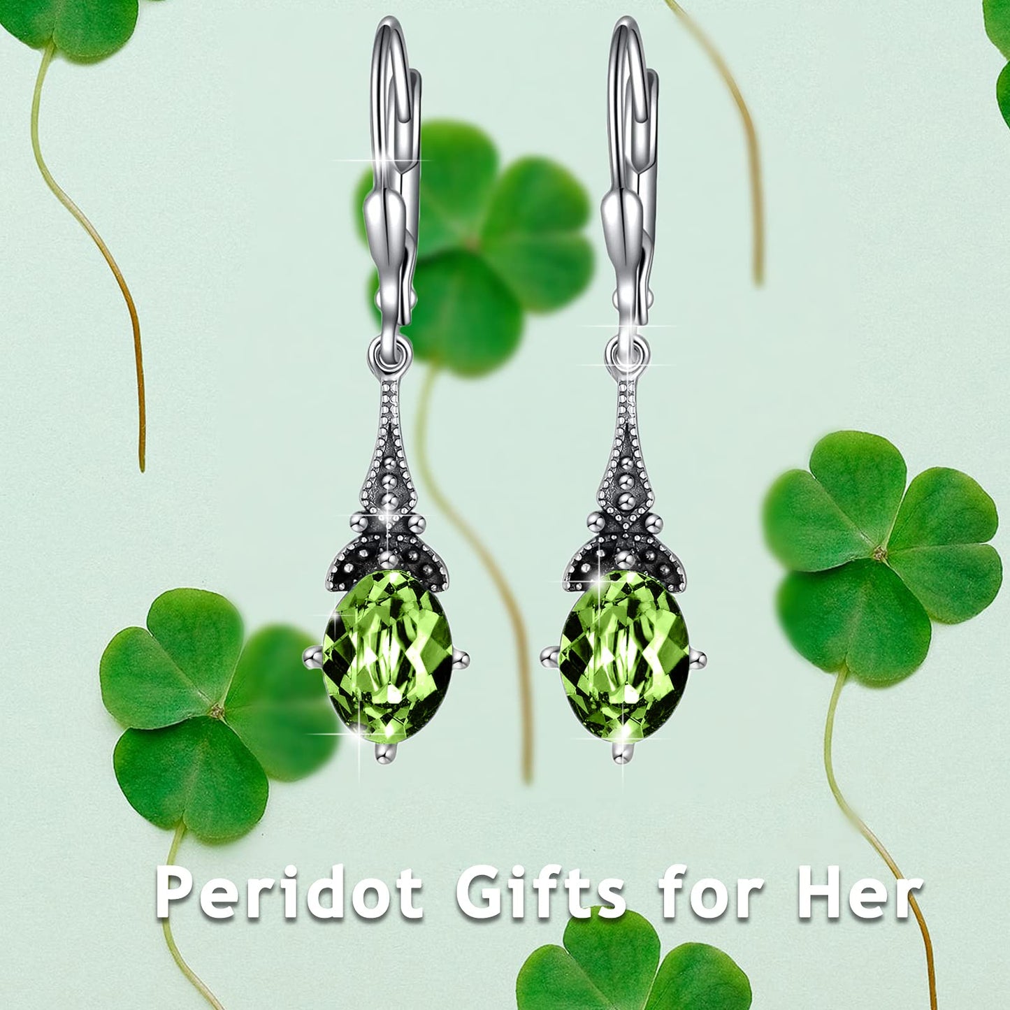 Peridot August Vintage Leverback Earrings Sterling Silver Retro Drop Earrings with Oval Simulated Birthstone Crystal from Austria, Birthday Jewelry Gifts for Women