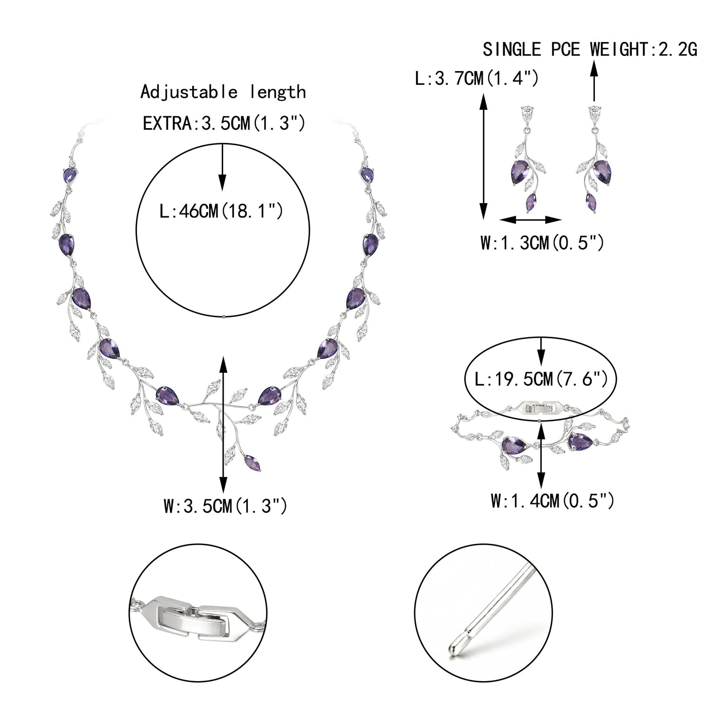 EVER FAITH Wedding Party Jewelry Set for Women, Sparkly Cubic Zirconia Pear-Shaped Birthstone Leaf Necklace Tennis Bracelet Earrings Sets for Prom Purple