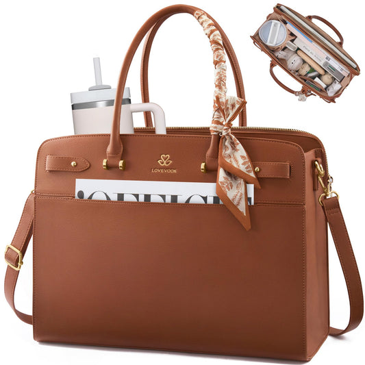 LOVEVOOK Laptop Tote Bag for Women, 17.3 Inch PU Leather Work Bag Waterproof Computer Briefcase Handbag for Teacher Business Office with Silk Scarf, Deep Brown-1