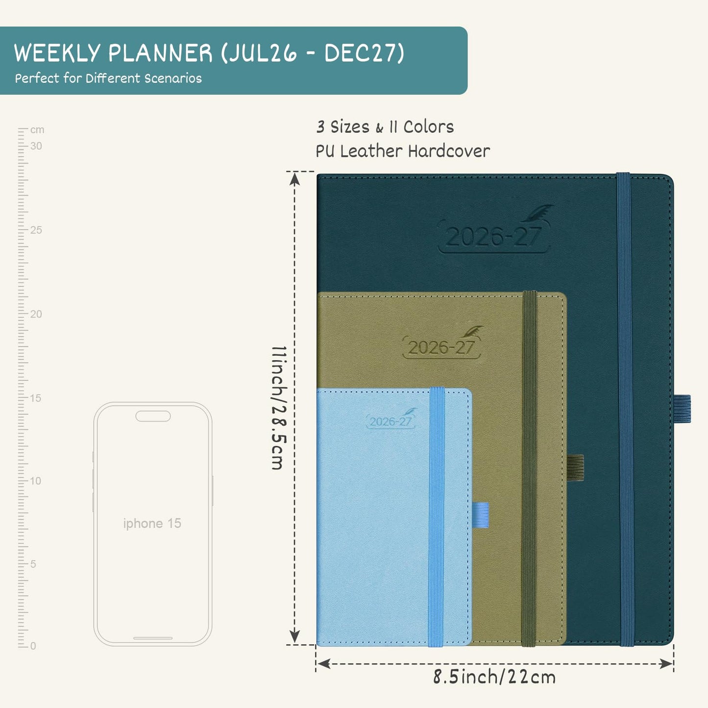 BEZEND Weekly Planner 2026-2027 (8.5" x 11") with Hourly Timeslots (Jul 26-Dec 27) 18 Months Academic Calendar & Monthly Tabs, Ideal for Students, Work & Home, PU Leather Hardcover -Blueberry