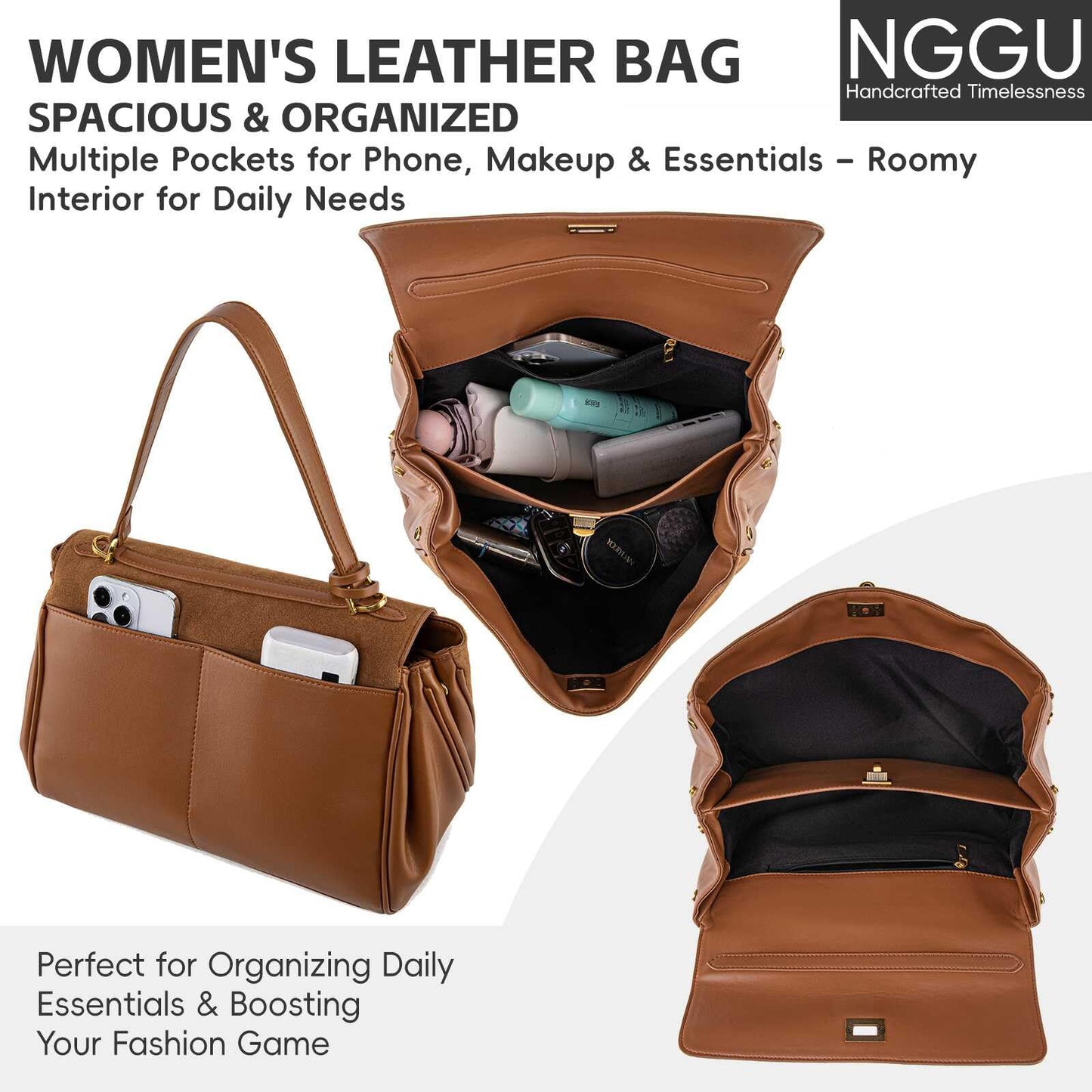 NGGU Suede & Leather Tote Bag for Women,Soft Leather Shoulder Handbags for Ladies,Satchel Purse for Travel Work & Medium & Brown Suede & Gold Clasp